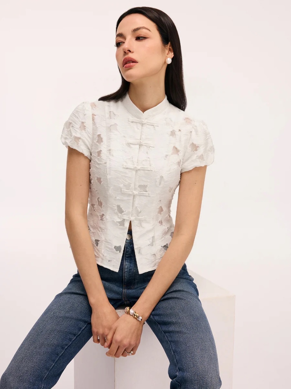 Commense Frog Button Mandarin Collar Textured Blouse